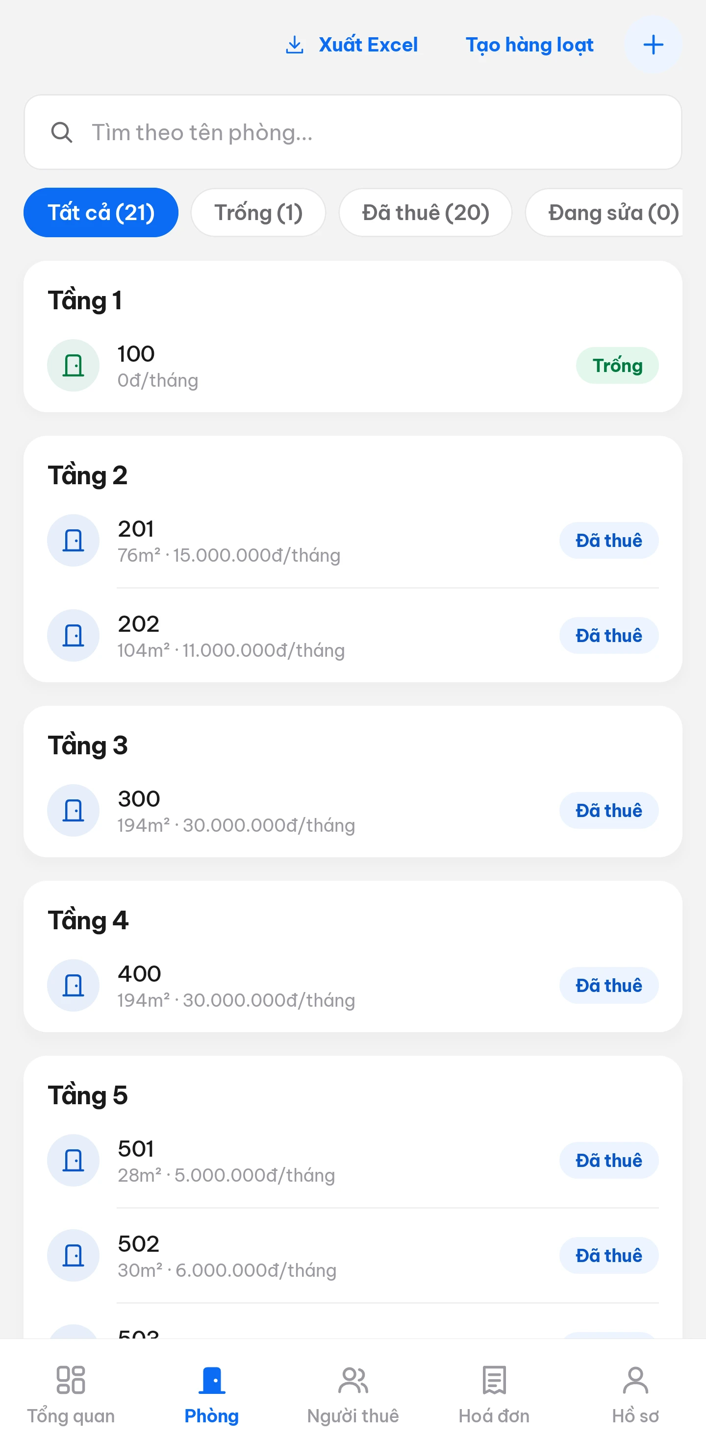 Chủ trọ · Phòng — Toàn bộ phòng theo tầng, giá và trạng thái từng phòng.
