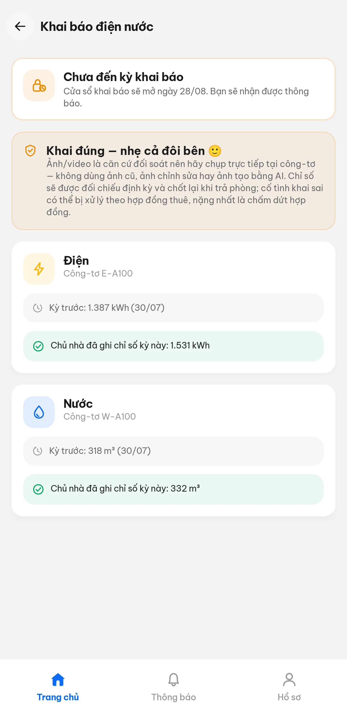 Người thuê · Khai báo điện nước — Chỉ số kỳ trước và chỉ số chủ nhà đã ghi, hiện cùng một chỗ.